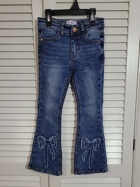 Denim & Co. Girls' Blue Flare Jeans with Bow Embroidered Hem